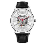 Emporio Armani Meccanico Silver Skeleton Dial Black Leather Strap Watch For Men - AR2072