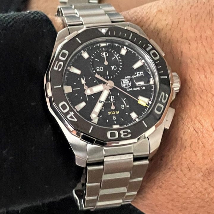 Tag Heuer Aquaracer Calibre 16 Day-Date Black Dial Silver Steel Strap Watch for Men - CAY211A.BA0927