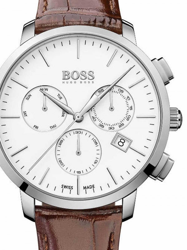 Hugo Boss Slim Chronograph White Dial Brown Leather Strap Watch For Men - 1513263