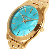 Michael Kors Slim Runway Blue Mother of Pearl Dial Gold Steel Strap Watch for Women - MK3492