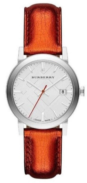 Burberry The City Silver Dial Orange Leather Strap Watch for Women - BU9121