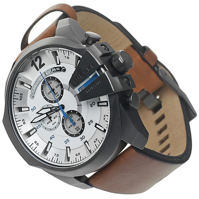 Diesel Mega Chief Chronograph White Dial Brown Leather Strap Watch For Men - DZ4280