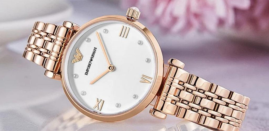 Emporio Armani Gianni T-Bar Quartz White Dial Rose Gold Steel Strap Watch For Women - AR11267