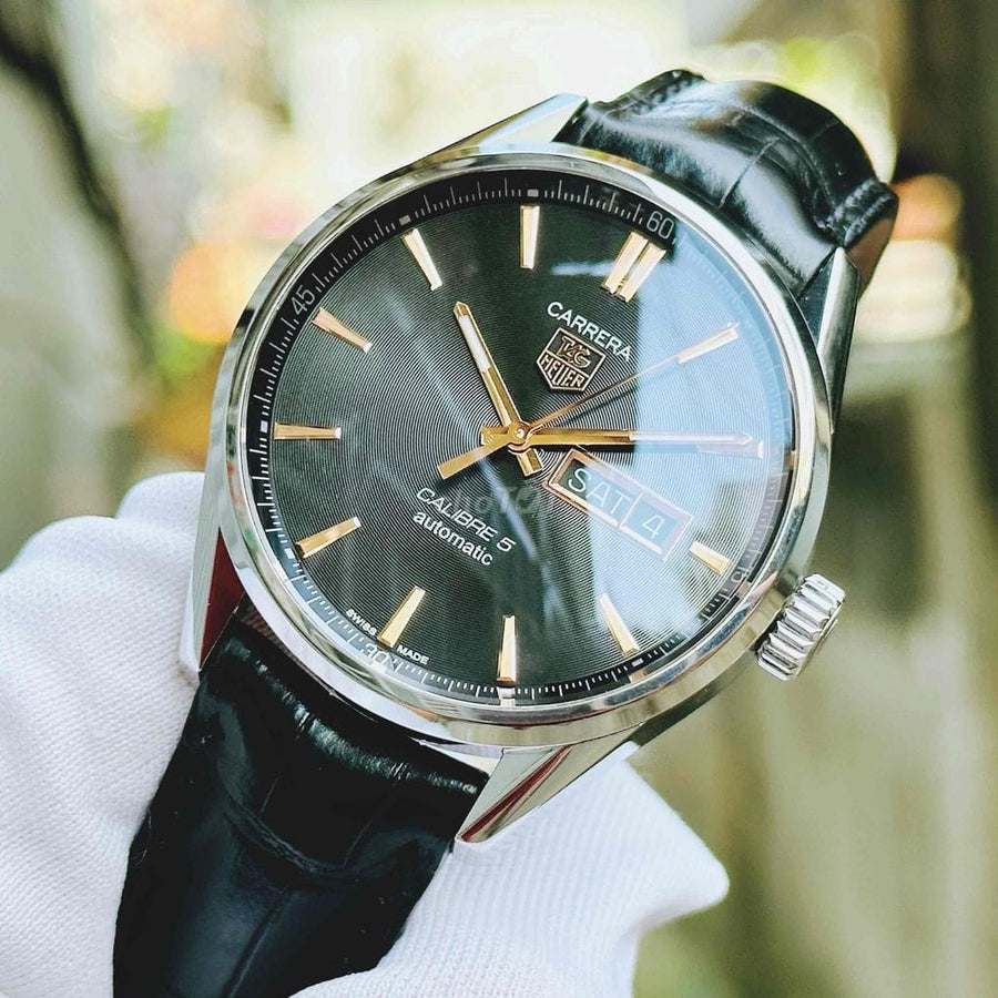 Tag Heuer Carrera Calibre 5 Automatic Black Dial Black Leather Strap Watch for Men - WAR201C.FC6266