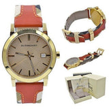 Burberry The City Gold Dial Orange Leather Strap Watch for Women - BU9016