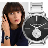 Michael Kors Portia Black Dial Silver Steel Strap Watch for Women - MK3638