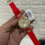 Guess Frontier Diamonds Gold Dial Red Rubber Strap Watch for Women - GW0045L2