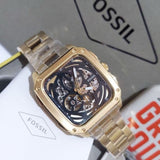 Fossil Inscription Automatic Skeleton Black Dial Gold Steel Strap Watch for Men - BQ2573