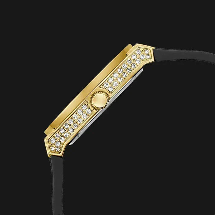 Guess Princess Crystals Gold Dial Black Silicone Strap Watch For Women - GW0439L2
