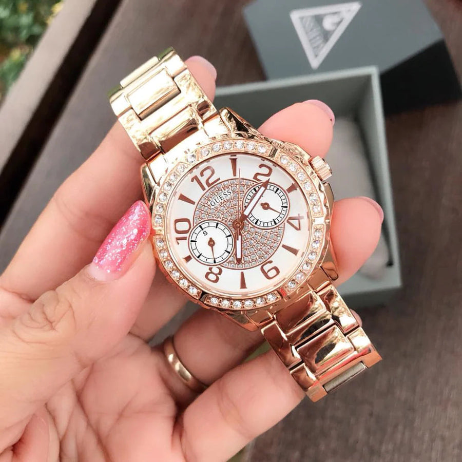 Guess Sassy Quartz White Dial Rose Gold Steel Strap Watch For Women - W0705L3