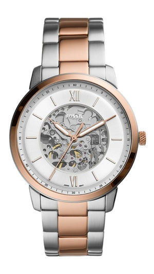 Fossil Neutra Automatic Skeleton White Dial Two Tone Steel Strap Watch for Men - ME3196