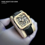 Fossil Inscription Automatic Skeleton Rose Gold Dial Black Leather Strap Watch for Men - BQ2572