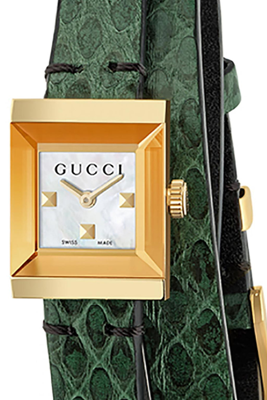Gucci G Frame Double Mother of Pearl Dial Green Leather Strap Watch For Women - YA128525