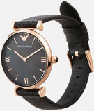 Emporio Armani Gianni T Bar Black Mother of Pearl Dial Black Leather Strap Watch For Women - AR11060