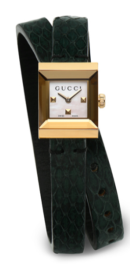 Gucci G Frame Double Mother of Pearl Dial Green Leather Strap Watch For Women - YA128525