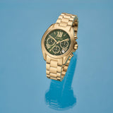 Michael Kors Bradshaw Chronograph Green Dial Gold Steel Strap Watch For Women - MK7257