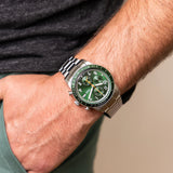 Fossil Sport Tourer Chronograph Green Dial Silver Steel Strap Watch for Men - FS6048