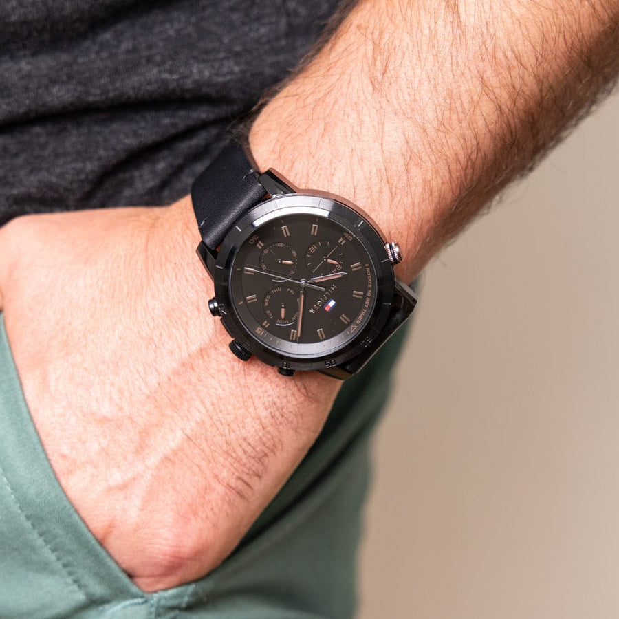 Tommy Hilfiger Troy Chronograph Black Dial Black Leather Strap Watch For Men - 1792110