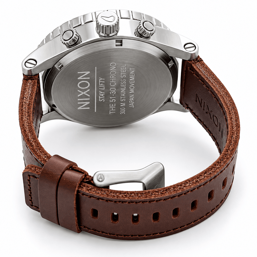 Nixon 51-30 Chronograph Silver Dial Brown Leather Strap Watch for Men - A124-1113