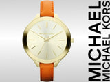 Michael Kors Runway Quartz Gold Dial Orange Leather Strap Watch For Women - MK2275