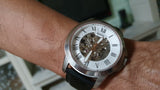 Fossil Grant Automatic Skeleton White Dial Black Leather Strap Watch for Men - ME3101