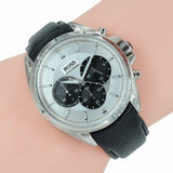 Hugo Boss Driver Chronograph Quartz Silver Dial Black Leather Strap Watch For Men - 1512880