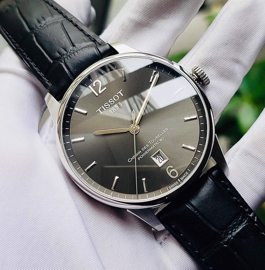Tissot Chemin Des Tourelles Powermatic 80 Black Dial Black Leather Strap Watch For Men - T099.407.16.447.00