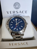 Versace Hellenyium GMT Blue Dial Silver Steel Strap Watch for Men - V11010015