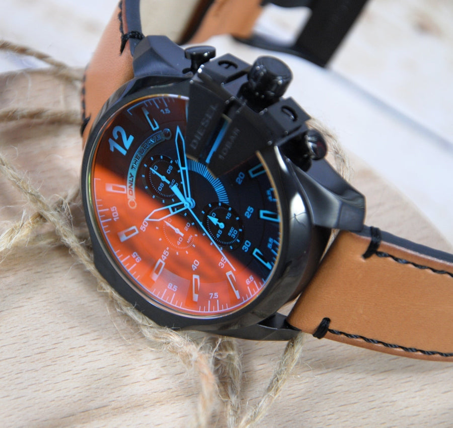 Diesel Mega Chief Chronograph Copper Dial Brown Leather Strap Watch For Men - DZ4476