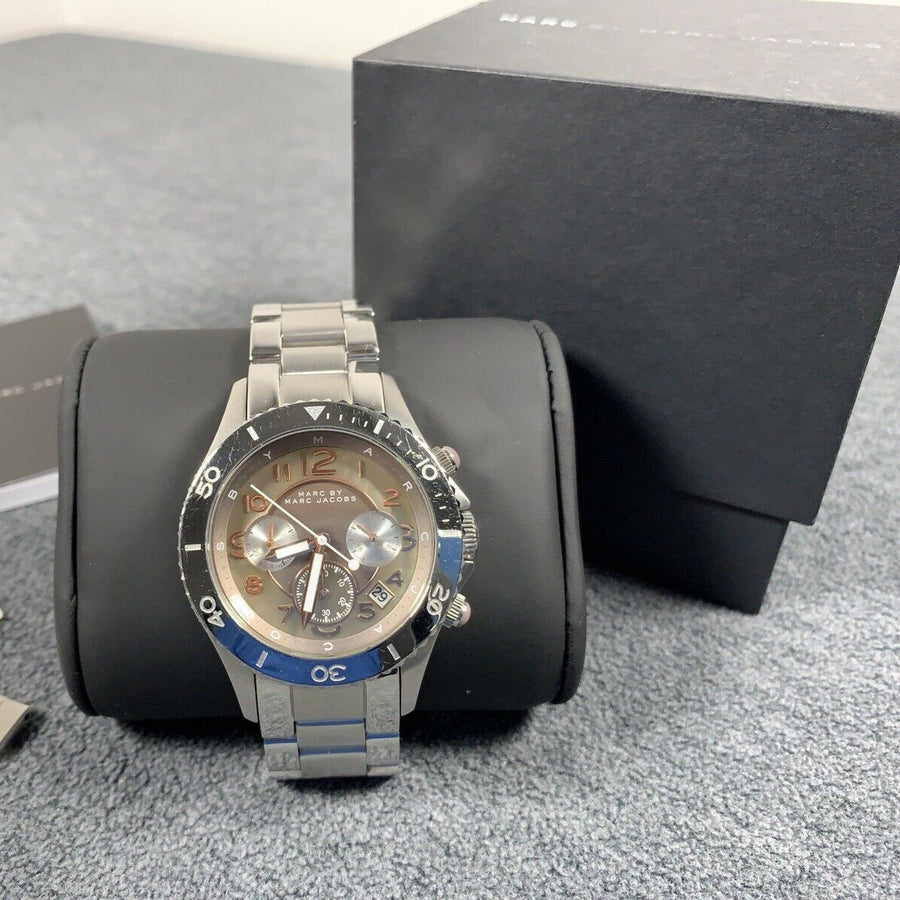 Marc Jacobs Rock Chronograph Mother of Pearl Grey Dial Silver Steel Strap Watch for Women - MBM3250