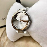 Gucci Interlocking 18K Gold Silver Dial White Leather Strap Watch For Women - YA133303