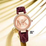 Michael Kors Parker Rose Gold Dial Maroon Leather Strap Watch For Women - MK2974