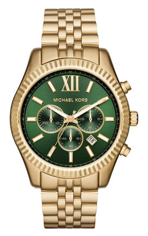 Michael Kors Lexington Chronograph Green Dial Gold Steel Strap Watch for Men - MK8446