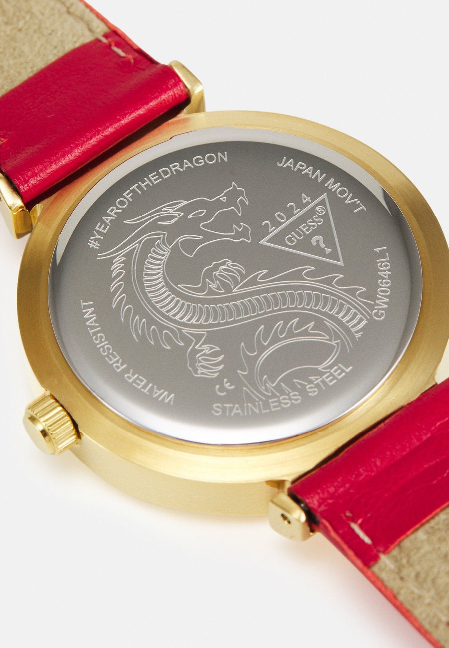 Guess Trend Dragon Gold Dial Red Leather Strap Watch For Women - GW0646L1