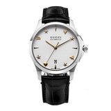 Gucci G Timeless Automatic Silver Dial Black Leather Strap Unisex Watch - YA126468