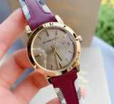 Burberry Heritage Nova Gold Dial Haymarket Red Leather Strap Watch for Women - BU9111