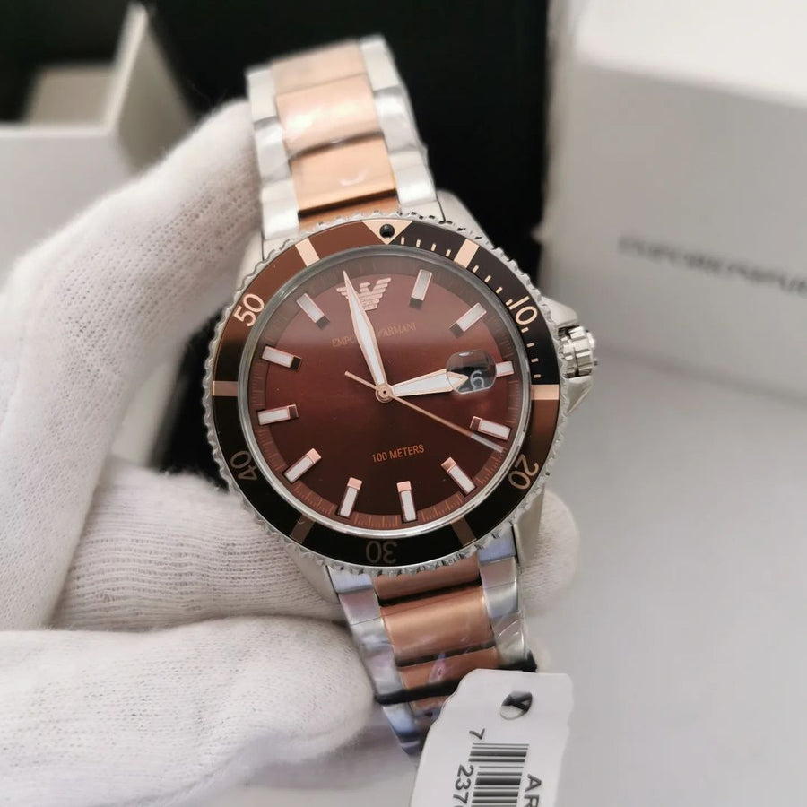Emporio Armani Diver Quartz Brown Dial Two Tone Steel Strap Watch For Men - AR11340