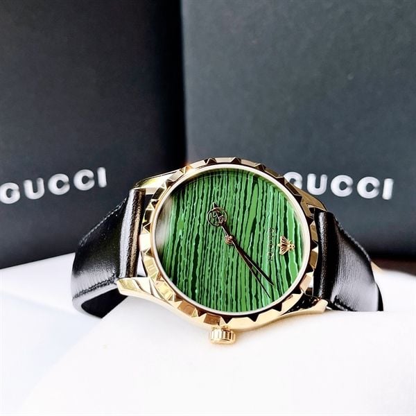Gucci Le Marche Des Merveilles Quartz Green Dial Black Leather Strap Watch For Women - YA126463