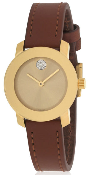 Movado Bold Gold Dial Brown Leather Strap Watch for Women - 3600437