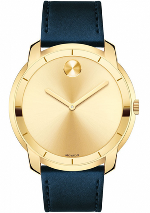 Movado Bold Gold Dial Blue Leather Strap Watch For Men - 3600469