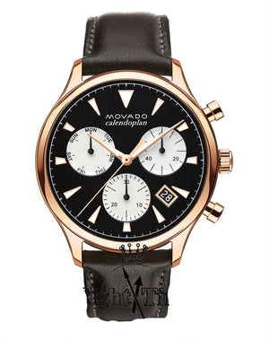 Movado Heritage Calendoplan Chronograph Black Dial Brown Leather Strap Watch for Men - 3650021