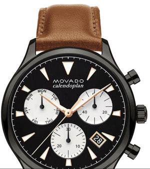 Movado Heritage Calendoplan Chronograph Black Dial Brown Leather Strap Watch for Men - 3650022