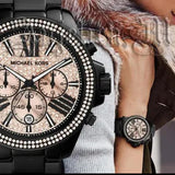 Michael Kors Wren Chronograph Gold Diamonds Dial Black Steel Strap Watch for Women - MK5879