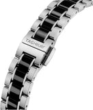 Close-up of a TAG Heuer watch band with black and silver links.