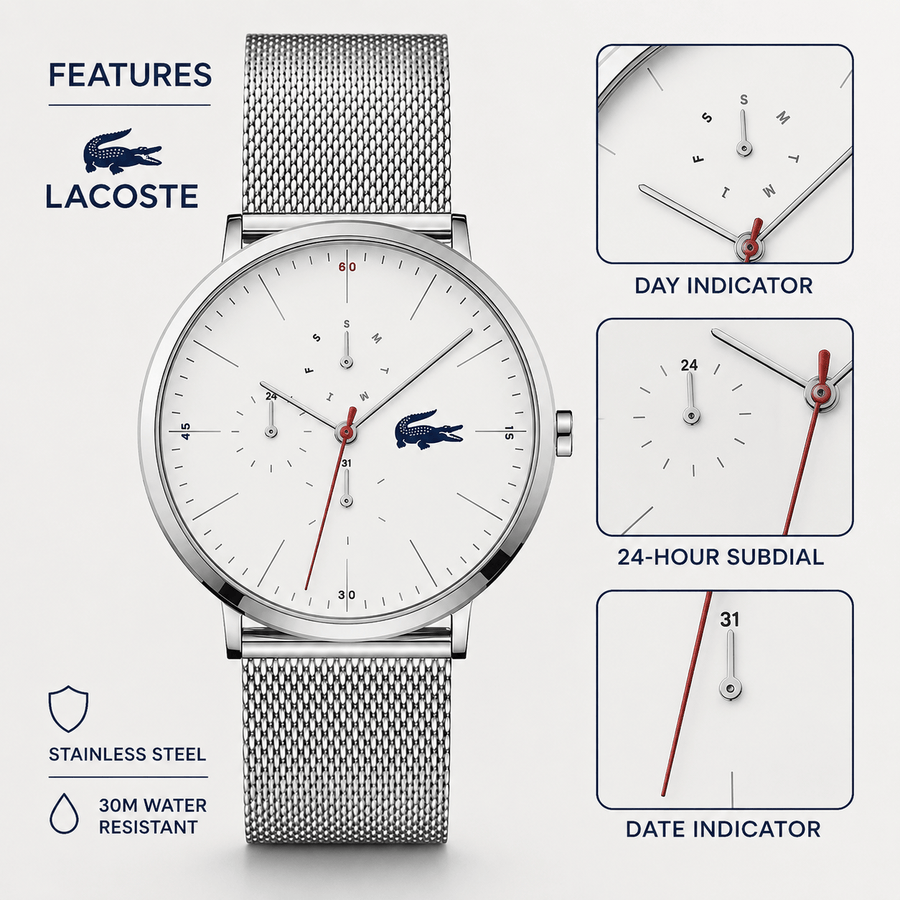 Lacoste Moon Multifunction White Dial Silver Steel Strap Watch for Men - 2011025