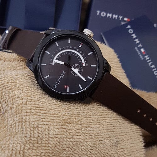 Tommy Hilfiger Denim Black Dial Brown Leather Strap Watch for Men - 1791478