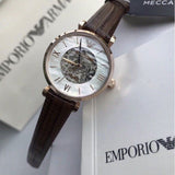 Emporio Armani Meccanico Skeleton Mother of Pearl Dial Brown Leather Strap Watch For Women - AR1993