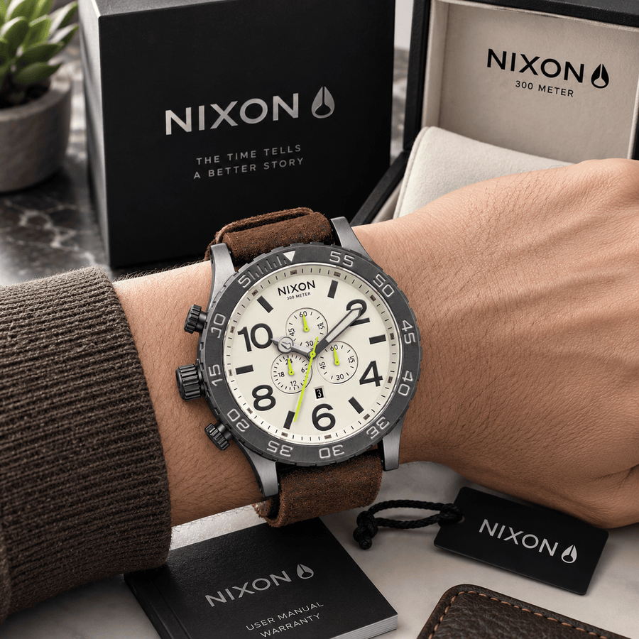 Nixon 51-30 Chronograph Beige Dial Brown Leather Strap Watch for Men - A124-1388