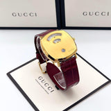 Gucci Grip Quartz Gold Dial Maroon Leather Strap Watch For Women - YA157413