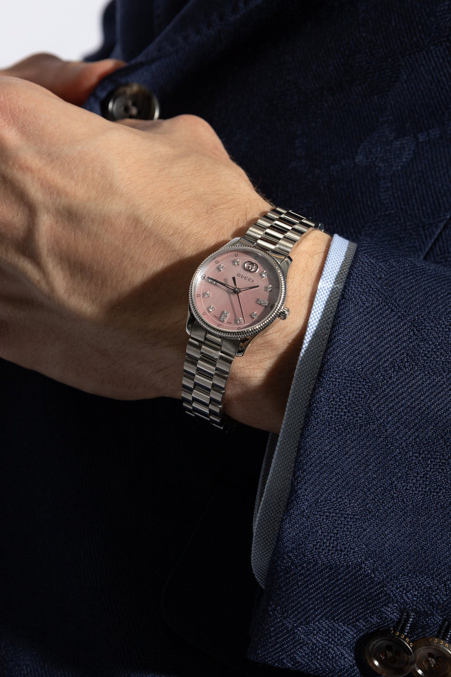 Gucci G Timeless Diamonds Mother of Pearl Pink Dial Silver Steel Strap Watch for Women - YA1265062